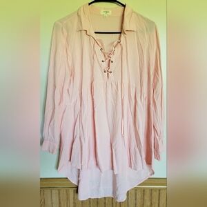 Umgee Women's Pink Sheer Lace Up Long Sleeve Tunic Blouse Size Large